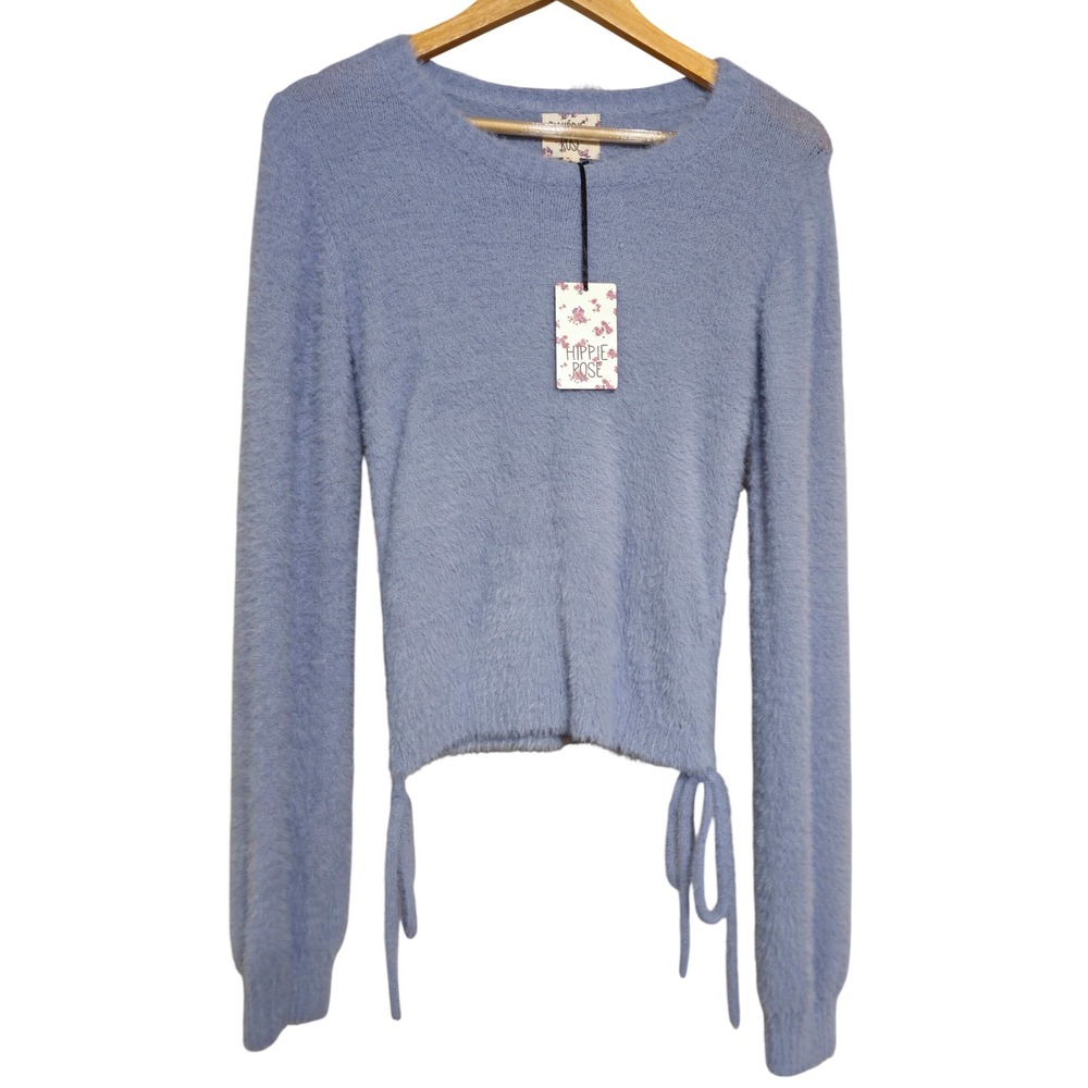 Hippie Rose Blue Fuzzy Eyelash Knit Cropped Sweater Side Ties Small 1S24654